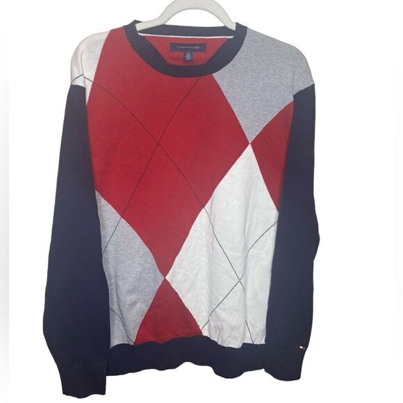 Tommy Hilfiger Men’s Lrg Red White Gray Blue Lightweight Argyle Diamond Sweater - Picture 1 of 5